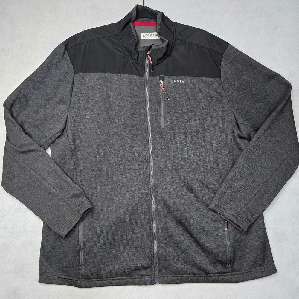 Orvis Mens XXL Full Zip Fleece Jacket Charcoal Grey Black Mixed Media Mock Neck